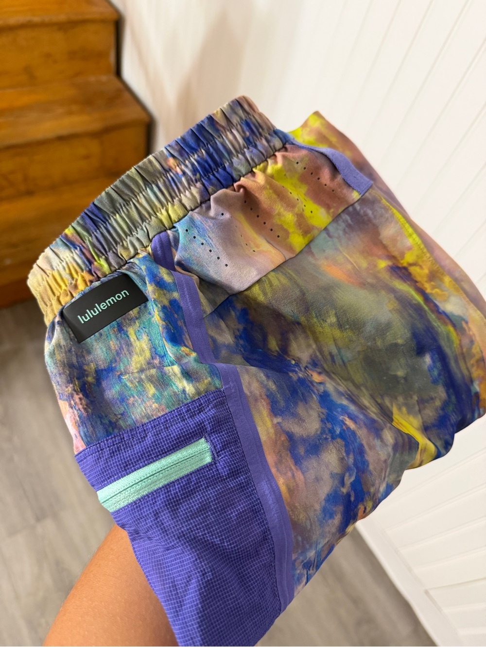 lululemon Tie-Dye Running Shorts with Purple Trim and Yellow Accents